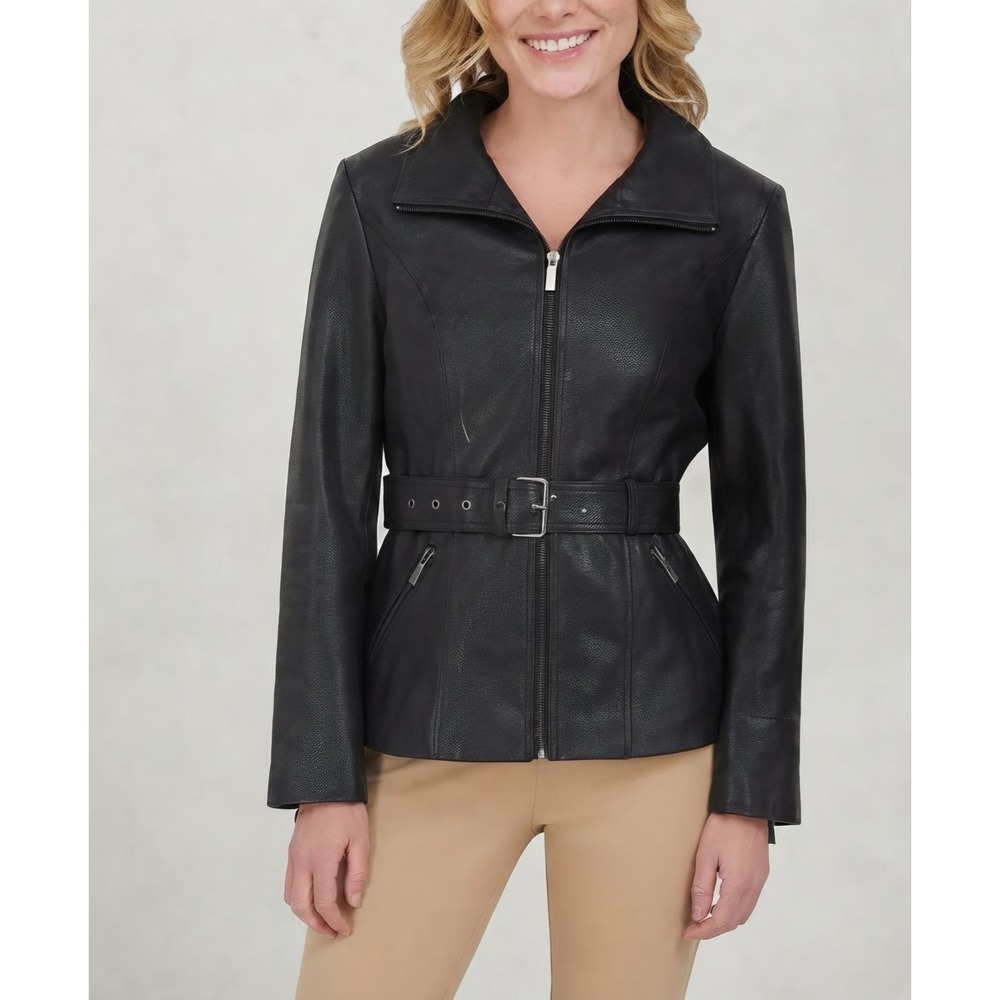 Kenneth Cole New York Black Faux Leather Belted Zip Up Jacket Womens Medium NWT